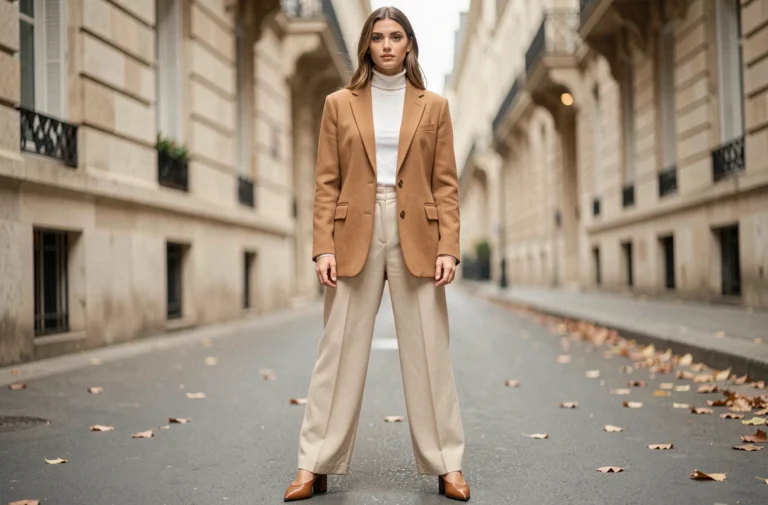 Femme portant un blazer camel oversize et un pantalon large crème dans une rue parisienne, tendance mode automne-hiver