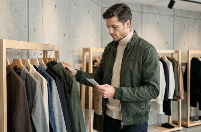 Homme en veste utilitaire verte et jean indigo dans un concept store minimaliste, style mode masculin tendance