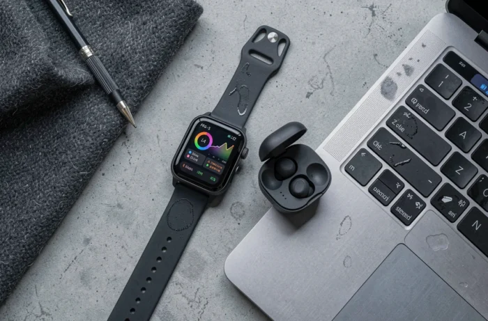 Tendances high-tech 2024 : montre connectée, écouteurs sans fil et laptop IA sur béton minimaliste