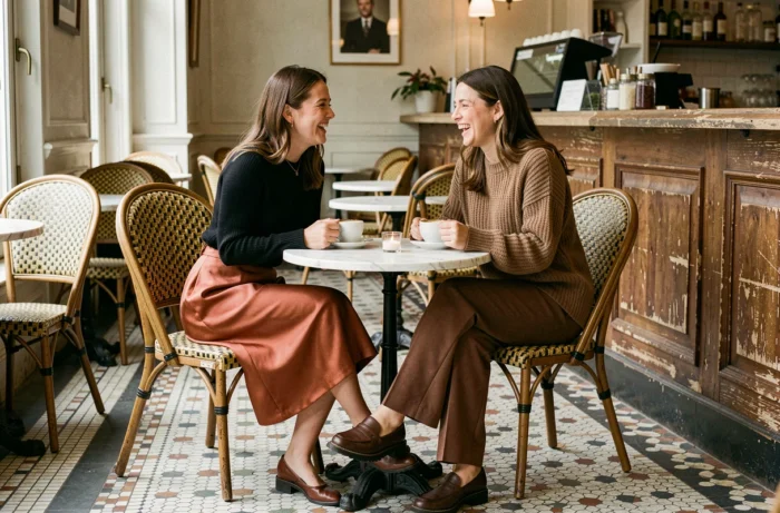 Deux femmes stylées en tenues tendance automne assises dans un café parisien, mode saison bistro ambiance chic