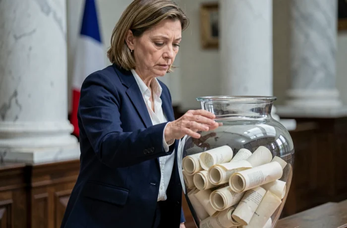 Femme tirant un billet de papier dans une urne en verre lors d'un processus de tirage au sort politique