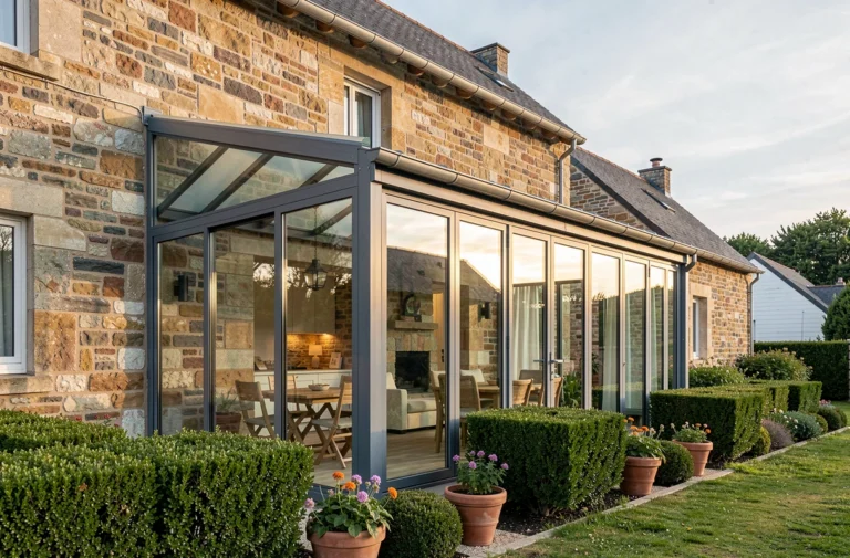Véranda moderne en aluminium et verre adossée à une maison en pierre traditionnelle à Orthez, vue extérieure grand angle