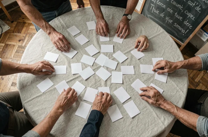 Vue aérienne de mains citoyennes choisissant des cartes lors d'un atelier de démocratie participative par tirage au sort